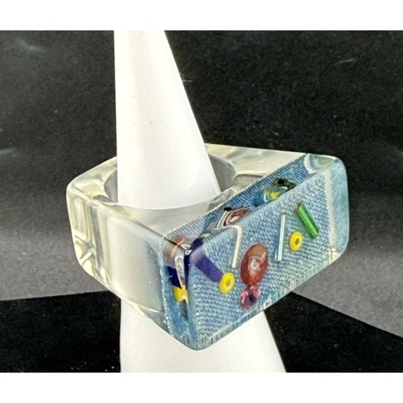 The Unbranded Brand Jewelry - Vintage Lucite Ring Chunky Denim Mod MCM Signed 7"